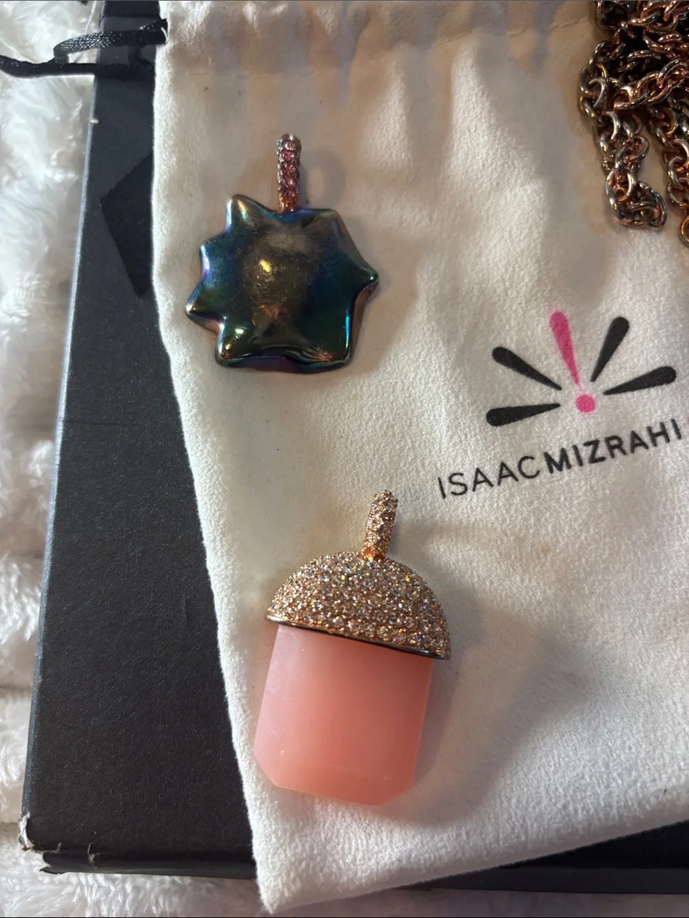 Isaac Mizrahi Rose Gold Silvertone  Necklace with 3 Pendants 36”